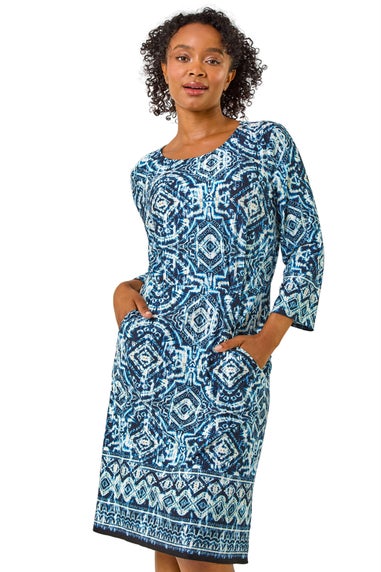 Roman Navy Petite Print Pocket Detail Stretch Dress