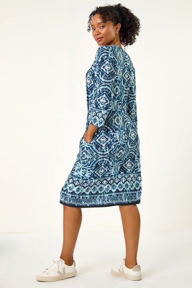 Roman Navy Petite Print Pocket Detail Stretch Dress