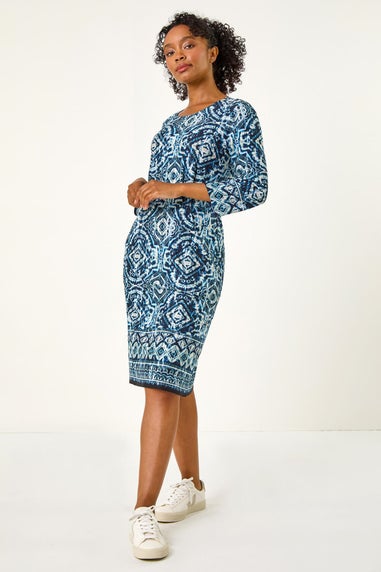 Roman Navy Petite Print Pocket Detail Stretch Dress