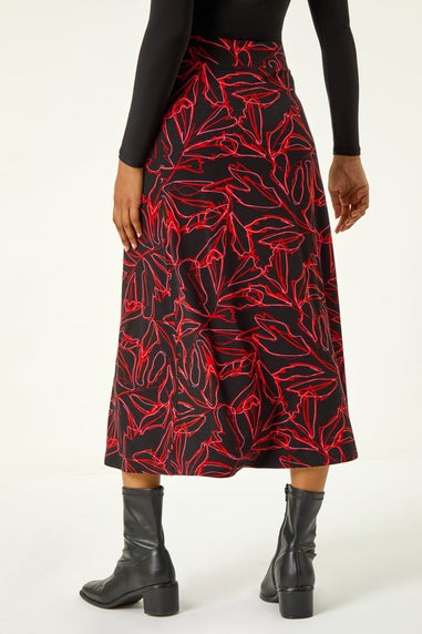 Roman Red Leaf Print Stretch A Line Midi Skirt