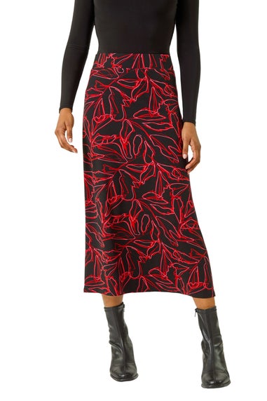 Roman Red Leaf Print Stretch A Line Midi Skirt