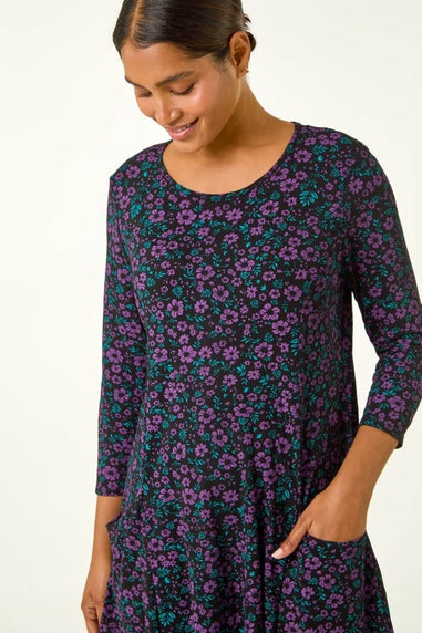 Roman Purple Ditsy Floral Stretch Tunic Top