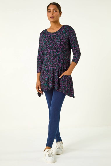 Roman Purple Ditsy Floral Stretch Tunic Top