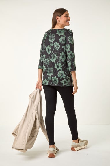 Roman Green Floral Print Stretch Tunic Top