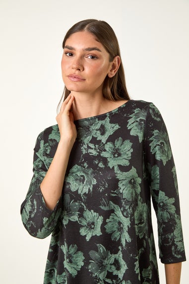 Roman Green Floral Print Stretch Tunic Top