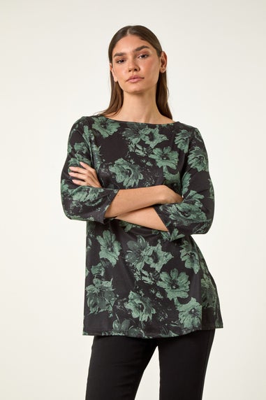 Roman Green Floral Print Stretch Tunic Top