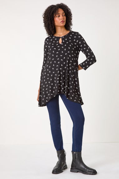 Roman Black Bow Print Cutout Tunic Top