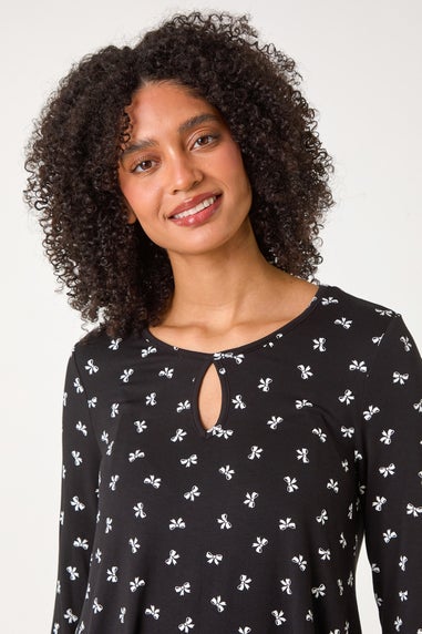 Roman Black Bow Print Cutout Tunic Top