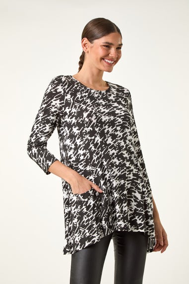 Roman Black Dogstooth Print Pocket Stretch Tunic Top