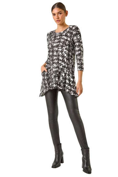 Roman Black Dogstooth Print Pocket Stretch Tunic Top