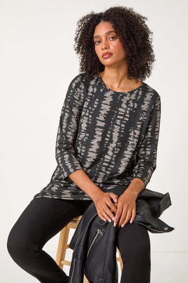 Roman Charcoal Abstract Print Tunic Pocket Stretch Top