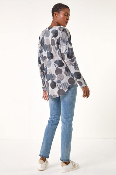 Roman Grey Spot Print V-Neck Zip Front Stretch Top