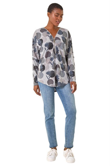 Roman Grey Spot Print V-Neck Zip Front Stretch Top