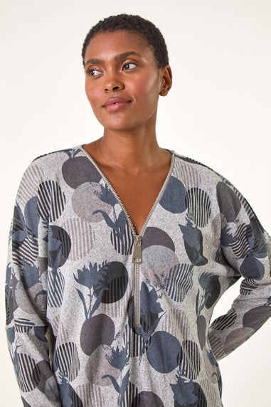 Roman Grey Spot Print V-Neck Zip Front Stretch Top