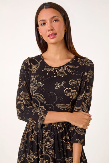 Roman Tan Paisley Pocket Stretch Midi Dress