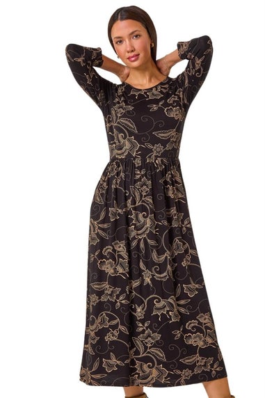 Roman Tan Paisley Pocket Stretch Midi Dress