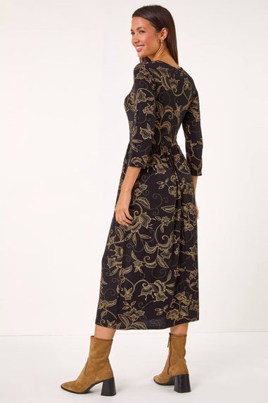 Roman Tan Paisley Pocket Stretch Midi Dress