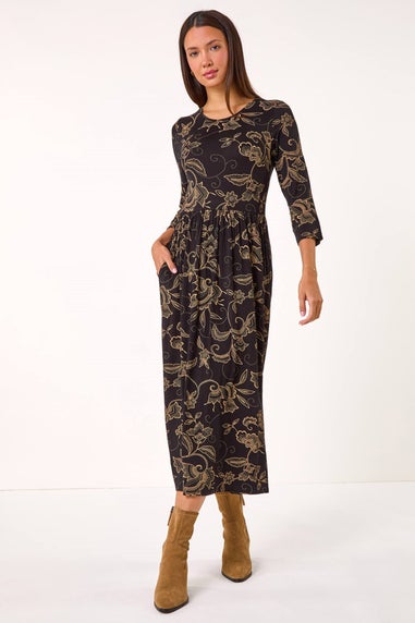 Roman Tan Paisley Pocket Stretch Midi Dress