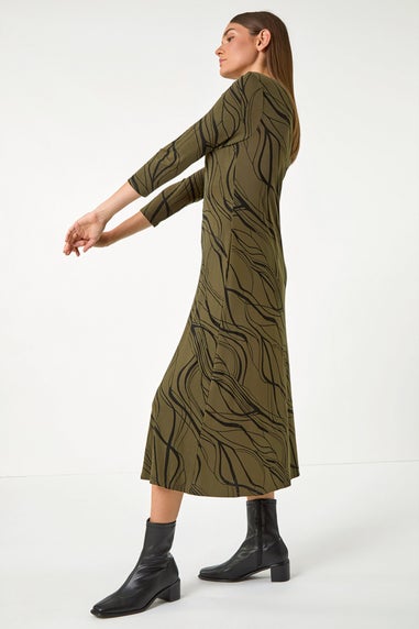 Roman Khaki Wave Print A-Line Midi Dress