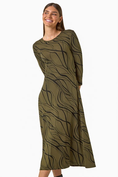 Roman Khaki Wave Print A-Line Midi Dress