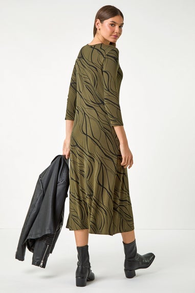 Roman Khaki Wave Print A-Line Midi Dress