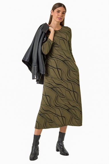 Roman Khaki Wave Print A-Line Midi Dress