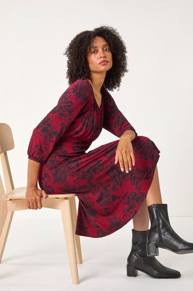 Roman Wine Floral Print Stretch Jersey Dress