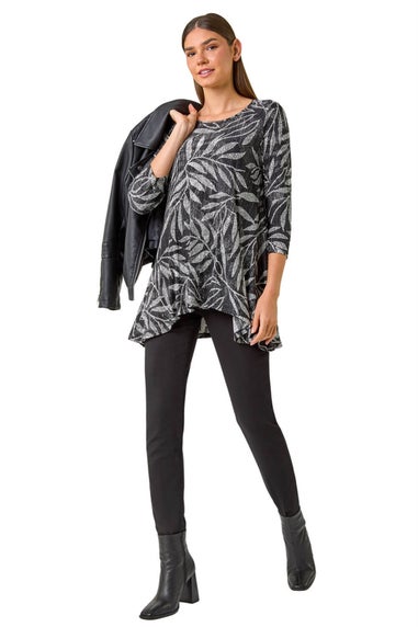 Roman Black Leaf Print Asymmetric Tunic Stretch Top