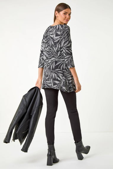 Roman Black Leaf Print Asymmetric Tunic Stretch Top