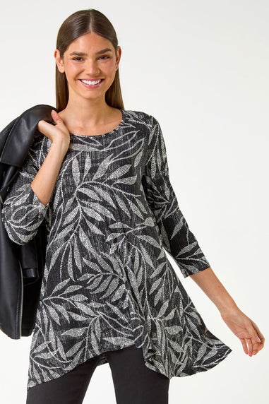 Roman Black Leaf Print Asymmetric Tunic Stretch Top