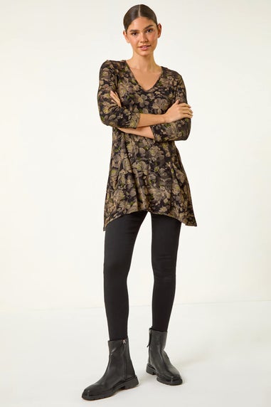 Roman Brown Stretch Floral Print Pocket Tunic