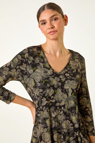 Roman Brown Stretch Floral Print Pocket Tunic