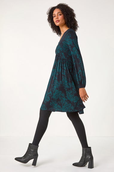 Roman Dark Green Floral Contrast Trim Stretch Dress