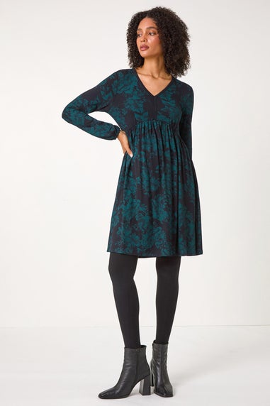 Roman Dark Green Floral Contrast Trim Stretch Dress