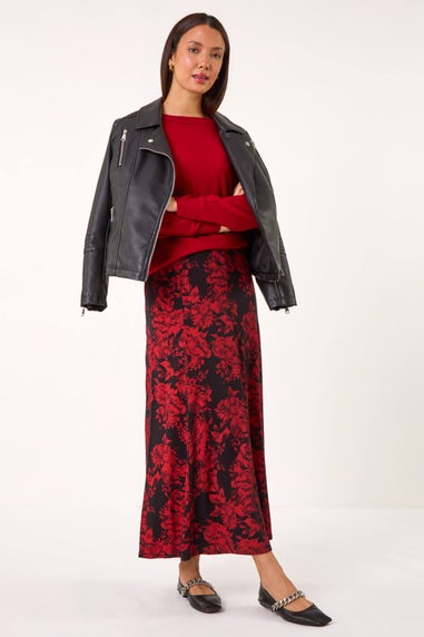 Roman Red Rose Print A-Line Midi Skirt