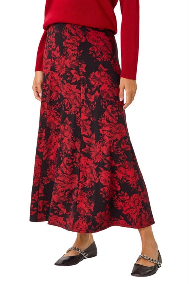 Roman Red Rose Print A-Line Midi Skirt