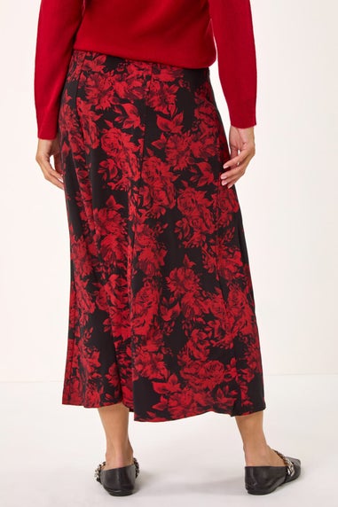 Roman Red Rose Print A-Line Midi Skirt