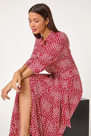 Roman Red Geometric Print Tie Waist Midi Shirt Dress