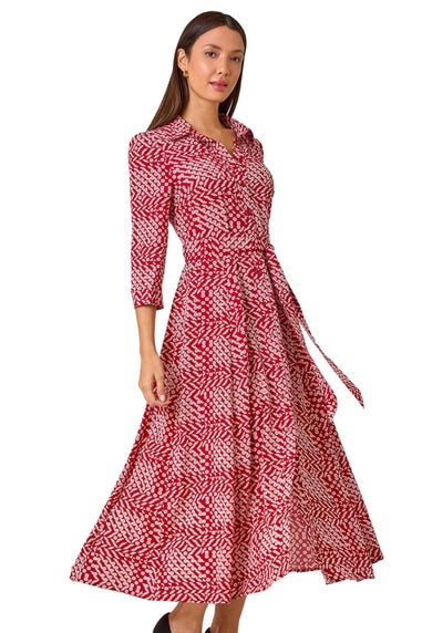 Roman Red Geometric Print Tie Waist Midi Shirt Dress