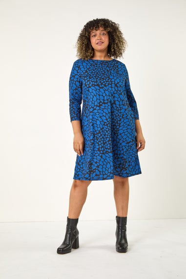 Roman Ink Blue Curve Abstract Print Stretch Swing Dress