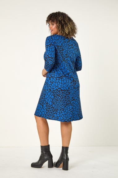 Roman Ink Blue Curve Abstract Print Stretch Swing Dress