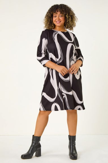 Roman Black Curve Brush Print Stretch Swing Dress