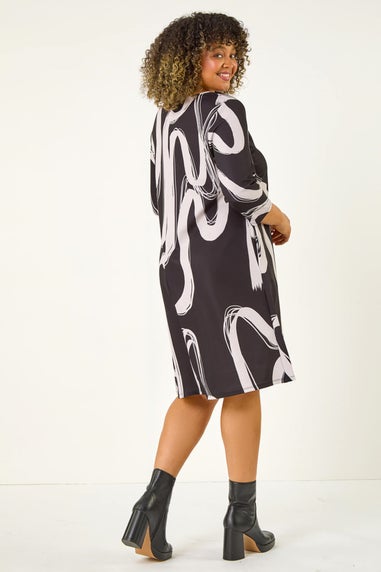 Roman Black Curve Brush Print Stretch Swing Dress