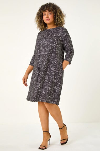 Roman Black Curve Spot Print Stretch Swing Dress