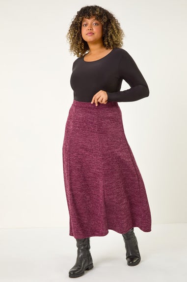 Roman Burgundy Curve Check Stretch Midi Skirt