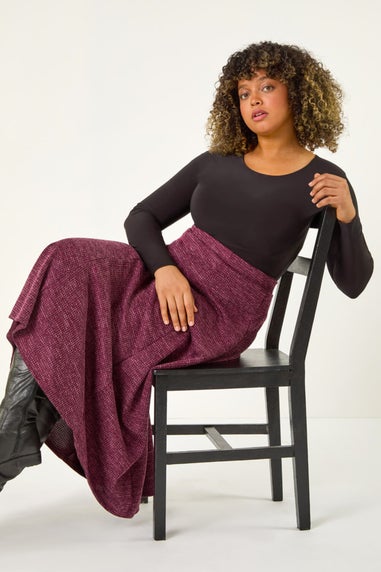 Roman Burgundy Curve Check Stretch Midi Skirt