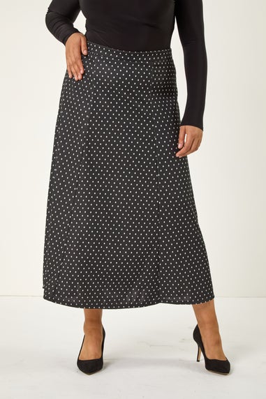 Roman Dark Grey Curve Spot Print Stretch Midi Skirt