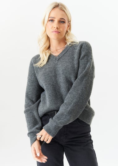 Gini London Grey V Neck Knit Oversized Jumper