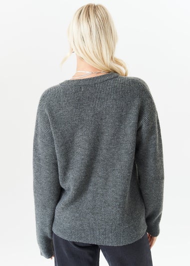 Gini London Grey V Neck Knit Oversized Jumper