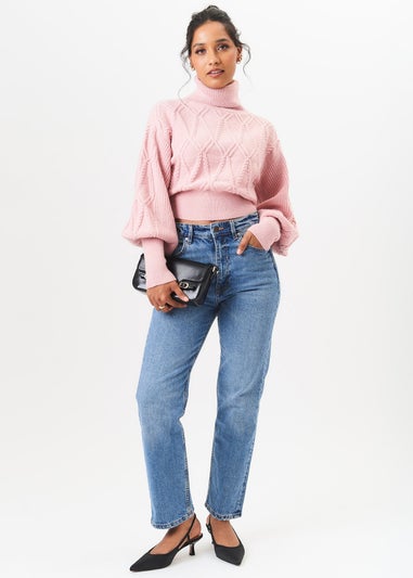 Gini London Pink High Neck Knit Crop Jumper